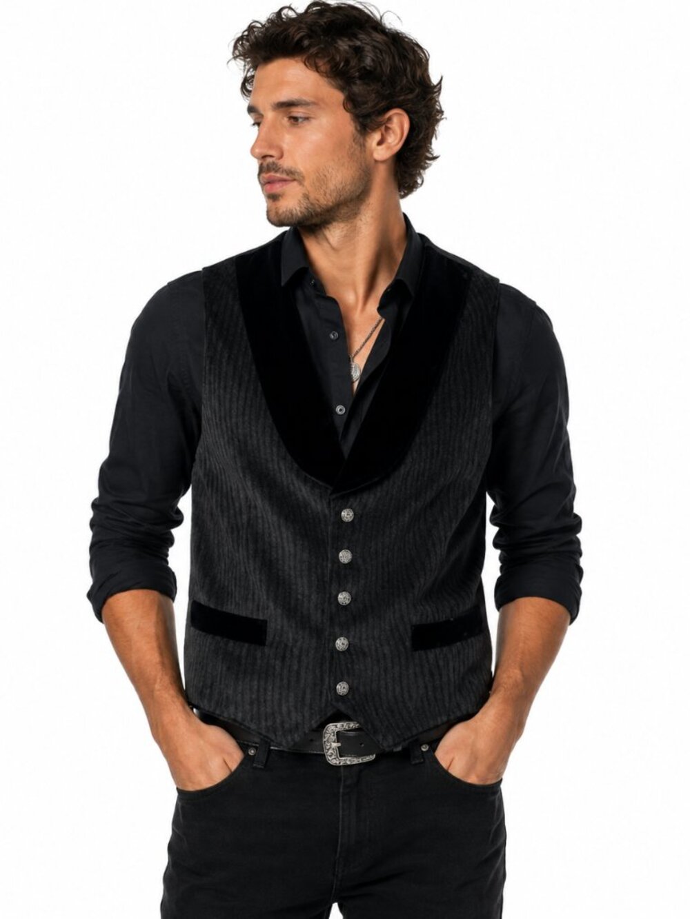 Wahmaker Frontier Vest Mens L Black Pinstripe Western Saloon Gambler‎ USA